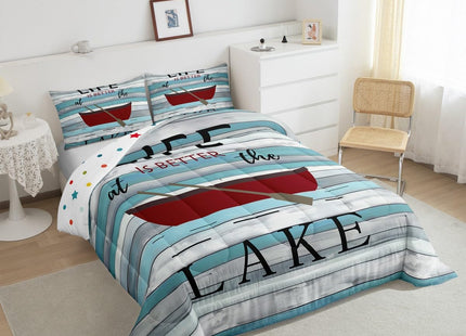 Lake House Comforter Set Twin, Paddle Boat Bedding for Kids Girls Lake Lovers, Rustic Farmhouse Style Down Comforter, Retro Wooden Board Duvet Insert, Home Decor, Dark Red Blue