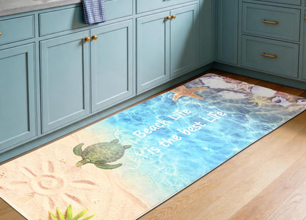 SANFORNIA Beach Theme Kitchen Rugs Nautical Starfish Sea Turtle Anti Fatigue Mats for Kitchen Floor Non-Slip Cushioned Summer Comfort Standing Mat for for Kitchen, Ocean Blue
