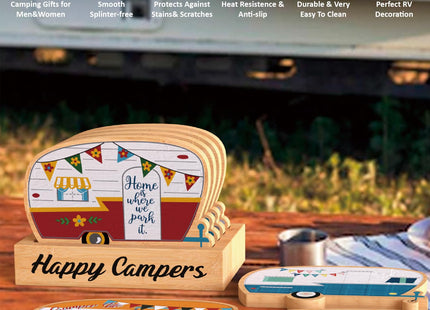 Haigoo Wood Drink Coasters Set of 4, Happy Camper Cute Coasters with Holder