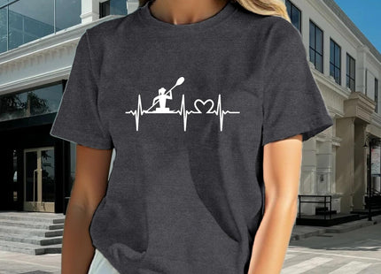 sallrue Kayaking Shirts for Women Kayak Kayaker Heartbeat Tshirts Nautical Boat Canoe Lover Tee Tops Grey