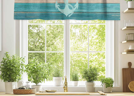 Teal Brown Kitchen Valance Curtain,Rustic Wood Board Window Curtain Topper,Retro Nautical Anchor Rod Pocket Curtain Valances for Bedroom,Short Curtains Window Treatment for Living Room 42x12in