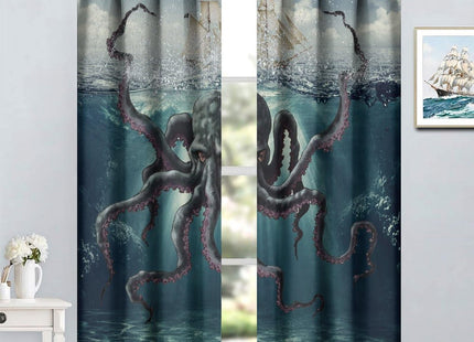 SHElifestyle Nautical Octopus Curtains, Octopus Tentacles Sea Sailboat Window Treatments Rustic Kraken Night Ocean Window Drapes for Bedroom Living Room Kitchen 63x72in
