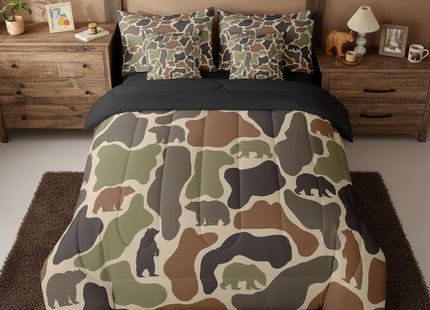 Erosebridal Bear Camo Bed in A Bag 7 Pcs Camouflage Hunting Bear Comforter Set for Kids Boys Girls Rustic Camo Army Wildlife Bedding Sets Twin Green Military Woodland Animals Sheet Set with Comforter