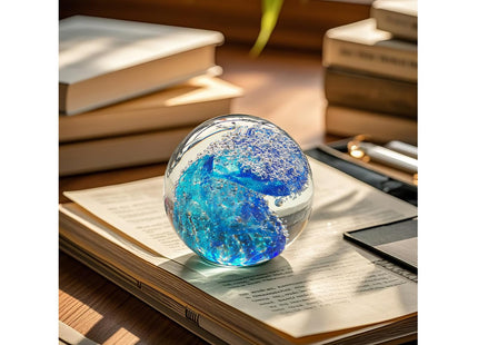 JUYOULE Hand Blown Glass Decorative Balls：Unique Ocean Wave Design, Elegant Paperweights for Office Desk, Coastal Room Decor, Beach Bathroom Decor, Sea Glass Art, Ocean Gift Idea （Blue）