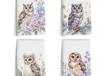 Lovdazzles 4 Pcs Owl Floral Kitchen Towels Decorative Tea Towel