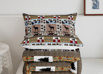 Rustic Patchwork Bedding Set Checkered Buffalo Plaid Quilt Twin for Kids Teens Adult,Woodland Wildlife Bear Moose Elk Comforter Set Animal Paw Print Lattice Grid Duvet Insert,Farmhouse Decor
