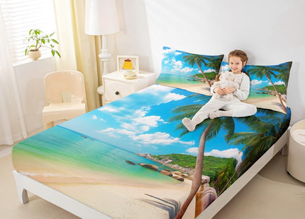 Erosebridal Ocean Beach Fitted Sheet Twin Size Palm Trees Bed Sheet Set Coastal Nature Theme Bed Cover for Kids Boys Girls Teens, Hawaiian Bedding Set, Blue White Room Dorm Decorative
