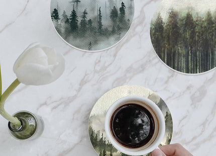 Whaline 6 Pcs Forest Coasters with Holder Misty Forest Ceramic Drink Coasters Absorbent Round Cup Mat Tabletop Protection for Home Kitchen Office Desk Coffee Table Decor