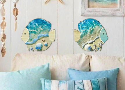 Putuo Decor 2PC Coastal Fish Wall Decor, MDF Nautical Hanging Decor with Metal Hook, Ocean Themed Wall Art Set for Bathroom, Lake House, Seaside Living Space(Ocean Beach Shells)