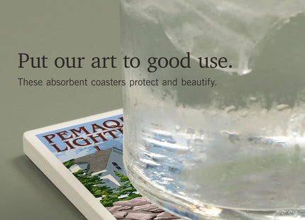 Lantern Press Maine, Pemaquid Lighthouse (Absorbent Ceramic Coaster, Single, Cork Back, Kitchen Table Decor)