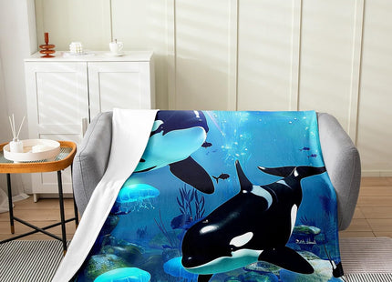 Teal Ocean Whale Throw Blanket All Season,Jellyfish Killer Whale Fleece Blanket Home Room Decor,The Underwater World Bed Blanket Queen,Orcinus Orcas Deep Sea Animals Marine Life Plush Blanket