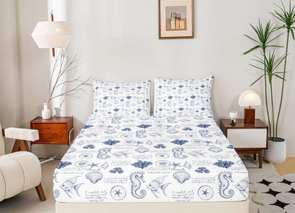Coastal Fitted Sheet Twin Size,Seashell Conch Seahorse Starfish Coral Bedding Set 2Pcs,Ocean Beach Nautical Bed Sheet for Kids Teens Adult Room Decor,Navy White Deep Pocket Sheet,1 Pillowcase