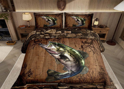 Feelyou Fish Comforter Set for Girls Boys Kids Full Size Fish Hunting Comforter Room Rustic Cabin Country Bedding Set Marine Life Sea Duvet Set 3Pcs Quilt Set