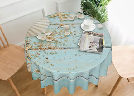 Giwawa Seashell Round Tablecloth, Summer Ocean Starfish on Blue Wooden Board Print, Coastal Beach Sand Circular Table Cover 60 Inch for Dining Kitchen Outdoor Parties Decor, Wrinkle Resistant Washable