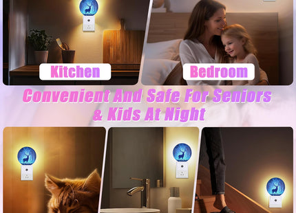 GANTINIR Deer Pine Tree Night Light Foggy Forest Night Lights LED Lamp Round Plug into Wall Nightlight with Dusk to Dawn Sensor Home Hallway Stairway Kitchen Decor