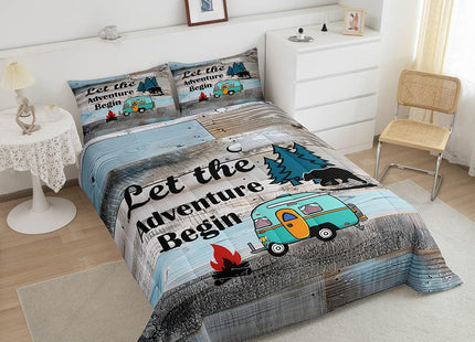 Rustic Camping Theme Bedding Set For Rv Bunks Twin,Country Farmhouse Camper Car Comforter Set For Kids Adults Woodland Pine Tree Bear Down Comforter Old Barn Door Quilt Duvet Insert 2 Pcs Grey