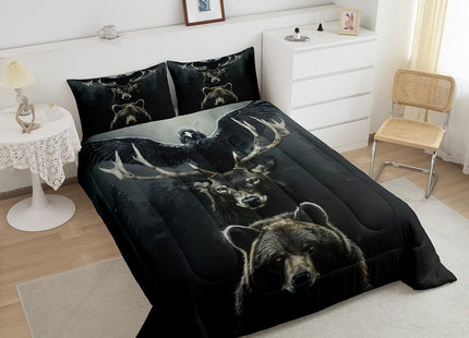 Castle Fairy Wild Animals Comforter Set Twin Size,Bear Deer and Eagle Bedding Set 2Pcs for Kids Boys Teens Adult Room Decor,Wildlife Hunting Quilt Set Dark Pine Tree Print Duvet Insert,1 Pillowcase