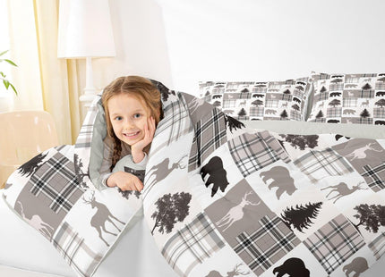 Wildlife Bear Moose Elk Comforter Set Queen for Boys Kids Xmas Room Decor Khaki Black Grid Comforter Aldults Bedroom Christmas Tree Bedding Set 1 Comforter with 2 Pillow Cases,Lightweight Warm Soft
