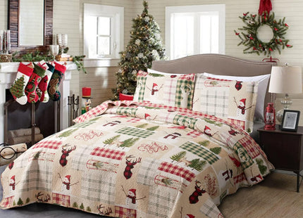 Country Rustic Lodge Christmas Plaid Bedspread Set - Full/Queen Size Patchwork Bedding - Red Blue Plaid Coverlet + 2 Pillow Shams