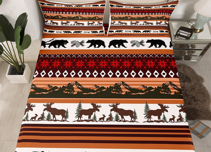 Western Sheet Set Full,Tribal Rustic Cabin Fitted Sheet for Boys Teens,Abstract Bear Elk Deer Bed Sheets Exotic Aztec Geometric Floral Bed Cover Woodland Wild Animal Room Decor,Brown