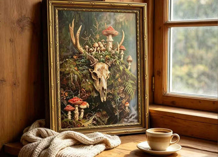 Vintage Gold Framed deer Wall Art, Deer Skull Canvas Print, 9x11 In