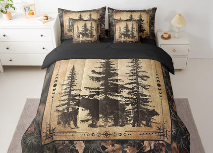 Erosebridal Tree Camo Cabin Comforter Set Twin 7 Piece Rustic Farmhouse Bedding Sets with Sheets Camouflage Hunting Wildlife Bear Bed in A Bag for Boys Teen Men,Woodland Pine Tree Animal Bed Set