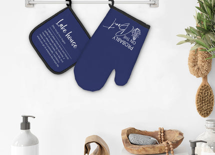 FIicy Lake House Gifts Navy Blue Oven Mitts and Pot Holders Sets, Lake Lovers Gifts Kitchen Accessories Sets Decor, Blue Probably on The Boat Heat Resistant Oven Glove Potholders for Kitchen Baking
