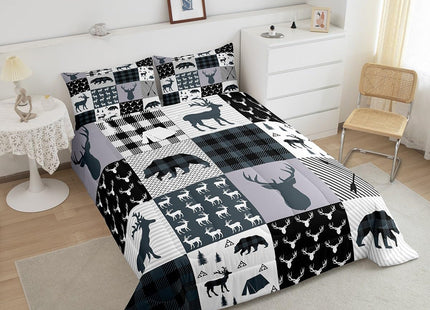 Feelyou Rustic Deer Bear Comforter Set Full, Camping Hunting Comforter Set for Kids Western Farmhouse Comforter Bear Antler Silhouette Duvet Set Breathable Quilt Set 3Pcs