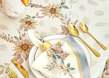 YiHomer Blue Pumpkin Bordered Thanksgiving Tabletop, Stonewashed Fall Pumpkin and Sunflower Cottage Print Easy Care Fabric, Farmhouse Harvest, Tablecloth, 70" Round
