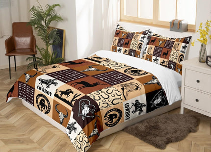Western Cowboy Duvet Cover Queen Size,Deer Cow Arrow Comforter Cover with 2 Pillowcase for Teens,Kids Country Style Bedding Set,Brown Geometric Grid Breathable 3 Pcs Decorative Bed Cover(No Comforter)