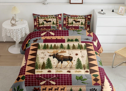 Rustic Patchwork Comforter Set King,Moose Deer Hunting Quilt for Kids Teens Adults Bedroom Decor,Country Wooden Canoe Maple Leaf Duvet Insert Southwestern Check Plaid Bedding,Camping Room Decor