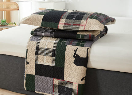 CHESITY Lodge Bedspread Twin Size,3 Piece Rustic Cabin Quilt Set Black Deer Bedspreads Coverlet Reversible Animal Printed Wildlife Patchwork Dark Green Beige Plaid Bed Cover Country Decor(68"x86")