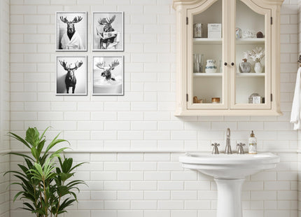 OFJE Funny Moose Wall Art Decor Prints, Black and White Moose Posters Pictures Wall Decor for Bathroom Washroom,Rustic Retro Wall Decorations Humor Animals Artwork Prints,8x10inchx4pcs,Unframed,PJ1096
