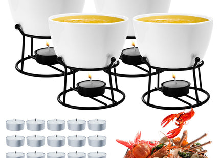 Luvan 4Pcs 14.2oz Butter Warmers for Seafood, Butter Melter with Stands and 20Pcs Tealight Candles,Ceramic Butter Warmer Set for Lobster, Personal Fondue Set Melted Butter Cups for Seafood, Fondue