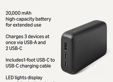 Amazon Basics High-Capacity Portable Charger Power Bank with 3-Port Output, 20,000 mAh, Black