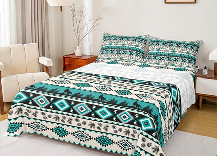 Manfei Aztec Geometric Bed Sheets Twin Size,Southwest Tribal Ethnic Easy Wash Bedding Set,Wolf Rustic Cabin Kids Room Decor,Beige Retro Sheet(Fitted+Flat+1 Pillowcase)