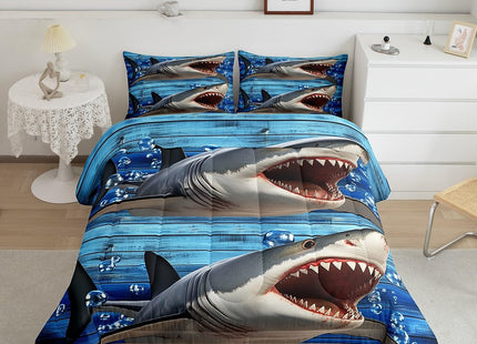Erosebridal Kids Shark Comforter Set Full,3D Printed Shark Bedding Set Teens Funny Fish Quilt Set Blue Ocean Sealife Down Comforter,Wooden Stripes Bedroom Decor Children's Day Gifts for Boys