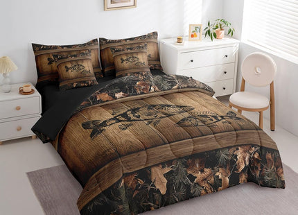 Erosebridal Camo Bass Fish 7 Piece Bed in A Bag Fishing Bass Big Fish Bedding Set Full Rustic Farmhouse Lake House Comforter Set for Boys Men,Retro Tree Camouflage Cabin Sheet Set with Comforter