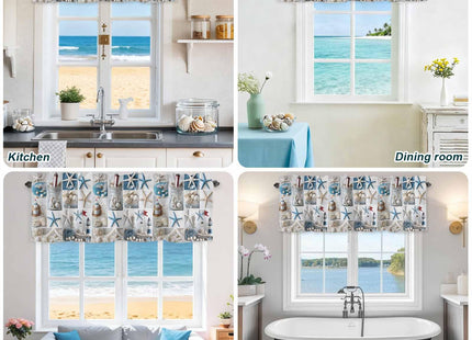 Nautical Valance Curtain for Window,Coastal Lighthouse Starfish Collage Plaid Rod Pocket Kitchen Valances Short Curtain Panel Summer Beach Conch Window Treatment Drape for Bathroom/Bedroom/Cafe
