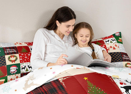 Homewish Merry Christmas Comforter Set Twin Size,Xmas Deer Santa Claus Pine Tree Bedding Set for Kids Girls Boys Red Green Grid Patchwork Plaid Quilt Set Winter Snowflake Duvet Insert,1 Pillowcase