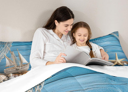 Erosebridal Kids Nautical Comforter Full Fishing Bedding Set, Rustic Farmhouse Coastal Lodge Cabin Duvet Insert, Sailboat Starfish Conch Quilted With 2 Pillowcases