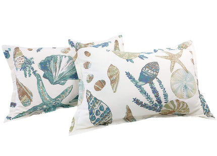 FADFAY Sheet Set Queen Beach Themed Bedding Sets 100% Cotton Super Soft Coastal Bedding White Teal Seashells and Starfish Nautical Bedding with Deep Pocket Fitted Sheet 4-Pieces Queen Size
