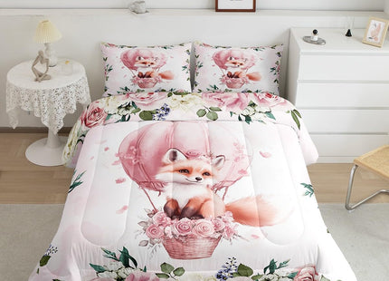 Cute Fox Kids Comforter Set Twin Size,Hot Air Balloon Rose Flowers Princess Romantic Bedding Set,Girls Women Room Decor,Forest Animal Leaves Down Comforter,Pink Dreamy Duvet Insert,1 Pillowcase