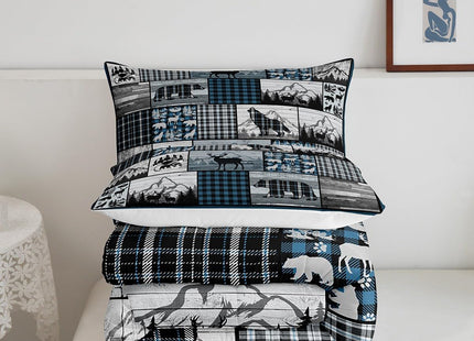Feelyou Deer Elk Bear Wolf Comforter Blue Plaid Rustic Cabin Comforter Set Farm Forest Camping Hunting Bedding Set Geometric Checkered Duvet Set Room Decor Quilt Set Twin Size