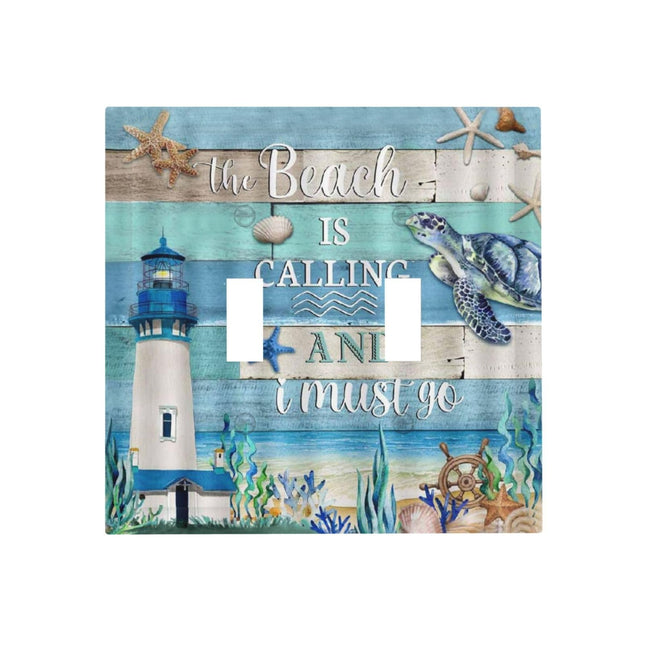 Vintage Sea Turtle Lighthouse on Blue Wood Board Double Toggle Light Switch Covers Plate Decorative 2 Gang Wall Plate Dual Device Electrical Switchplate Faceplate for Farmhouse Bathroom Decor