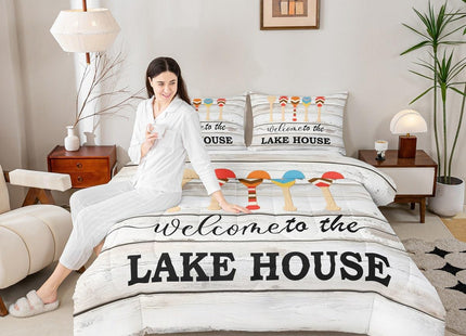 Castle Fairy Lake House Boating Lover Comforter Set,Lodge Cabin Wood Barn Rustic Style Bedding Set Kids Teens Modern Decor,White Wood Panels Comforter with 1 Pillowcase for All Seasons,Twin