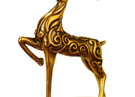 Solid Brass Deer Figurine with Auspicious Cloud Patterns, Retro Desktop Decor, Collectible Figurines, Handcrafted Art Deco Sculpture for Office Desk, Home Decor, Lucky Symbol Ornament