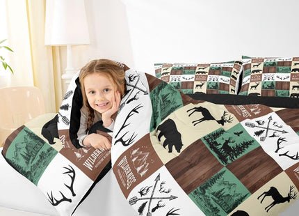 Hunting Bear Deer Comforter Set, Farmhouse Lodge Cabin Bedding Set Twin Size for Kids Boys Teens Bedroom Decor, Rustic Woodland Moose Duvet Insert Western Country Patchwork Quilt with 1 Pillow Case