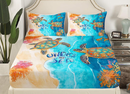 Erosebridal Sea Turtle Fitted Sheet Full for Boys Girls - Ocean Theme Bed Sheets, Blue Marble Bedding Set With Sea Animal, Starfish, Navigation Theme