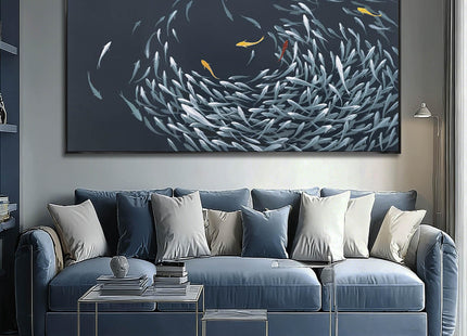 Framed Wall Art,Sea Fish Wall Decor for Living Room,Blue Beach Theme Artwork,Coastal Large Pictures Poster Prints Arts for for Bedroom Dining Room 29"x58"